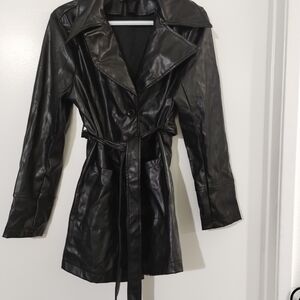 SHEIN Black Faux Leather Belted Jacket